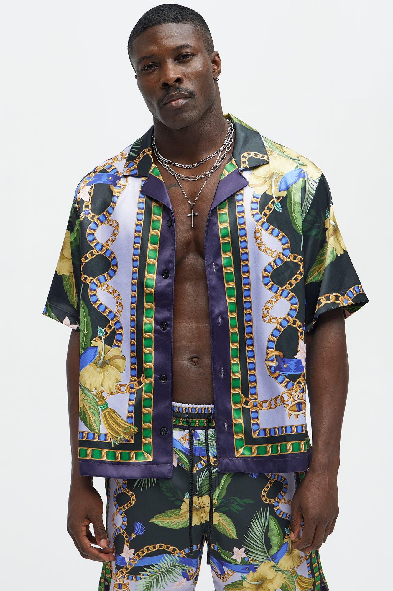 Baroque Floral Cuban Collar Button Up Shirt - Multi Color Product Image