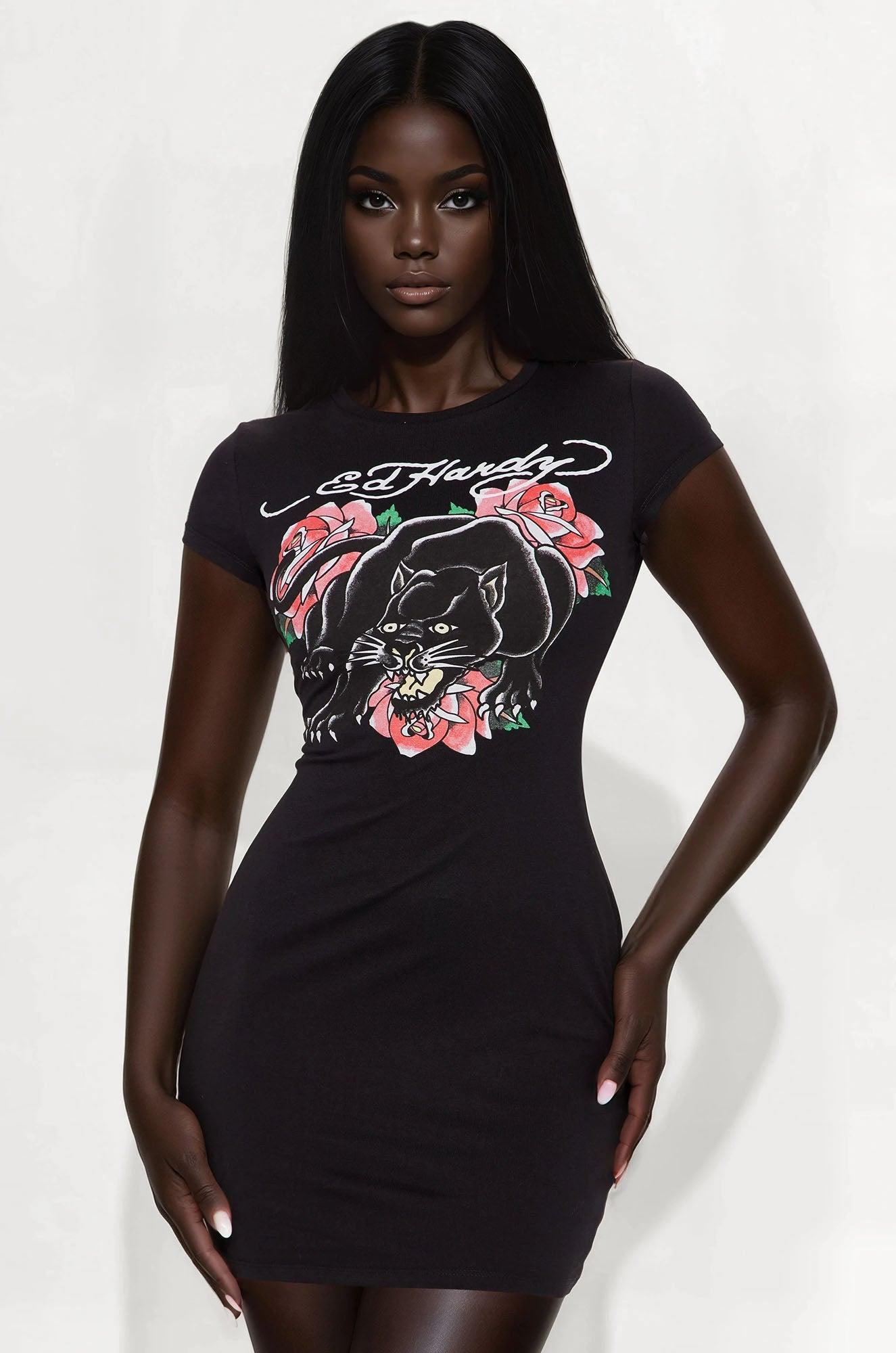 Ed Hardy Panther Roses T Shirt Mini Dress - Black Female Product Image