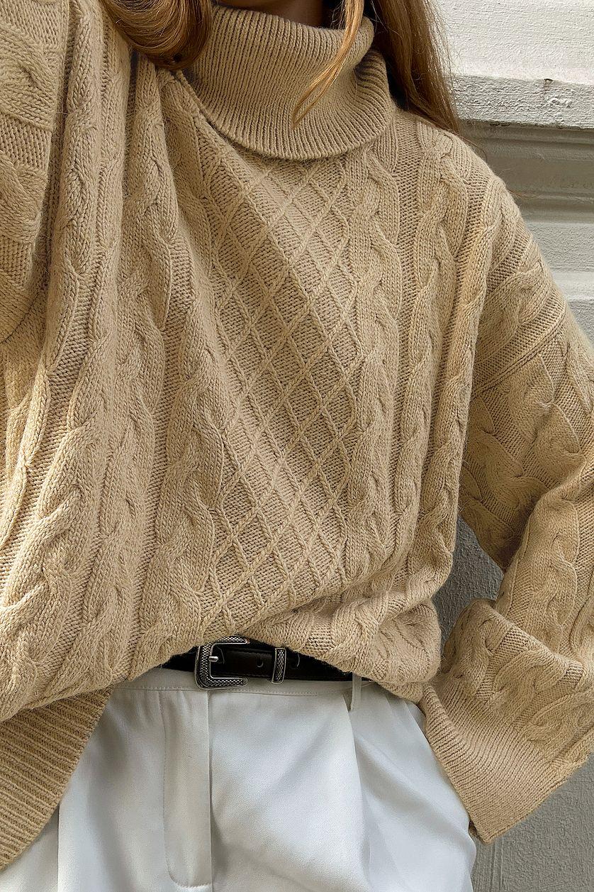 Turtle Neck Knitted Cable Sweater Product Image