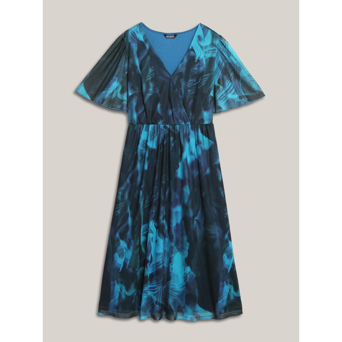 Plus Size Floral Fusion Wrap Neck Midi Dress Mediumblue Women Elegant Gathered Overlap Collar Short sleeve Curvy BloomChic 26/4X Product Image