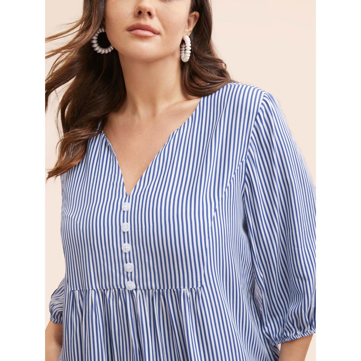 Plus Size Navy Striped Gathered Button Detail Lantern Sleeve Blouse Women Elegant Elbow-length sleeve V-neck Everyday Blouses BloomChic 12/L Product Image