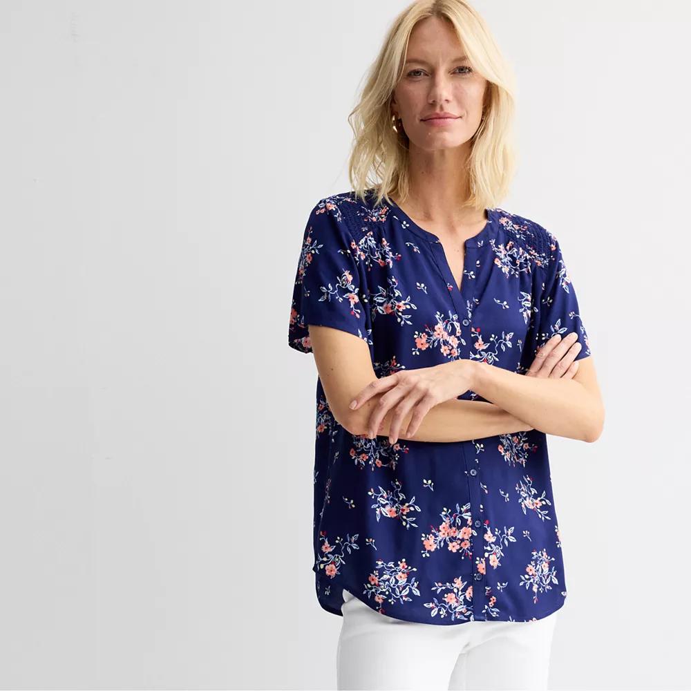 Petite Croft & Barrow® Short Sleeve Femme Blouse, Women's, Size: XXL Petite, Navy Pink Floral Product Image