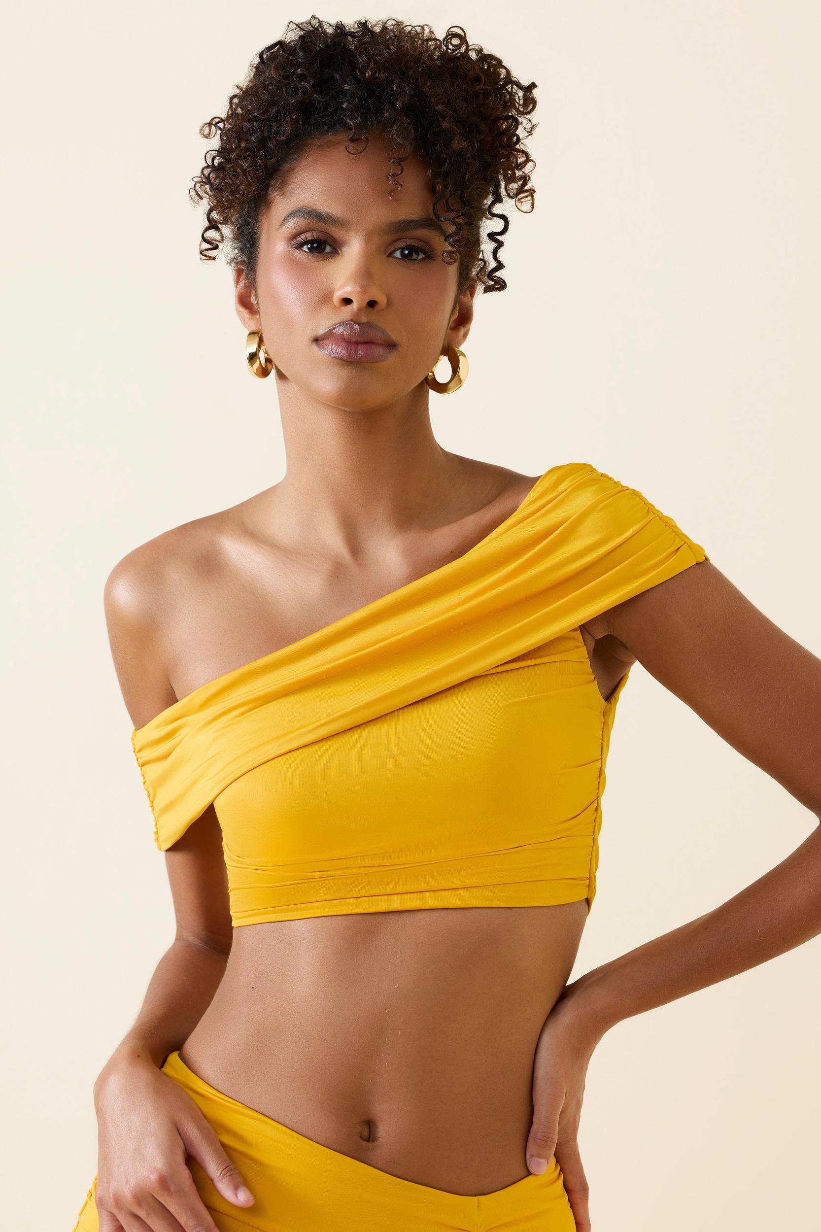 Asymmetric Ruched Off-Shoulder Crop Top in Golden Yellow Product Image