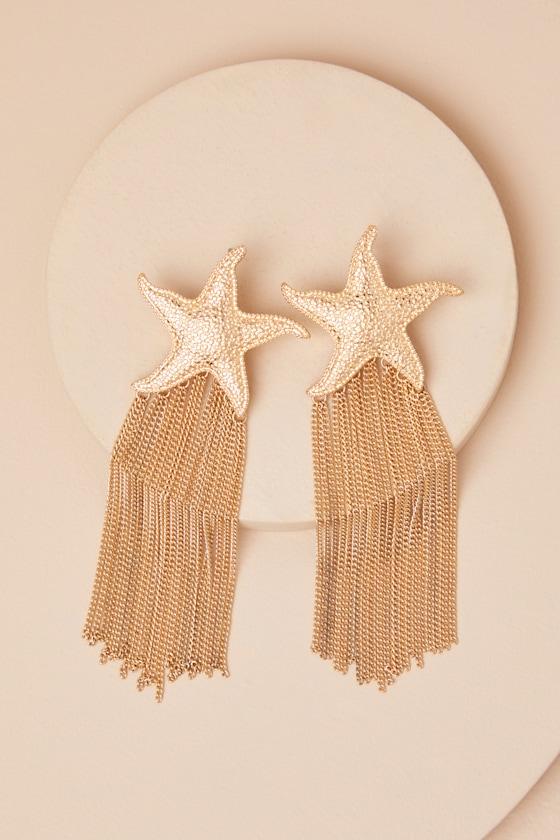 Nereus Gold Starfish Fringe Statement Earrings Product Image