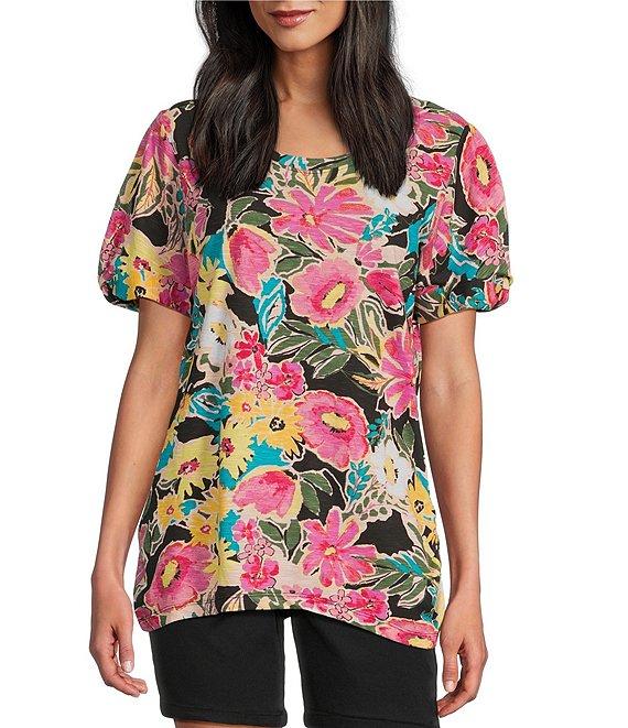 Intro Cotton Slub Floral Scoop Neck Short Twist Sleeve Rushed Tee Product Image