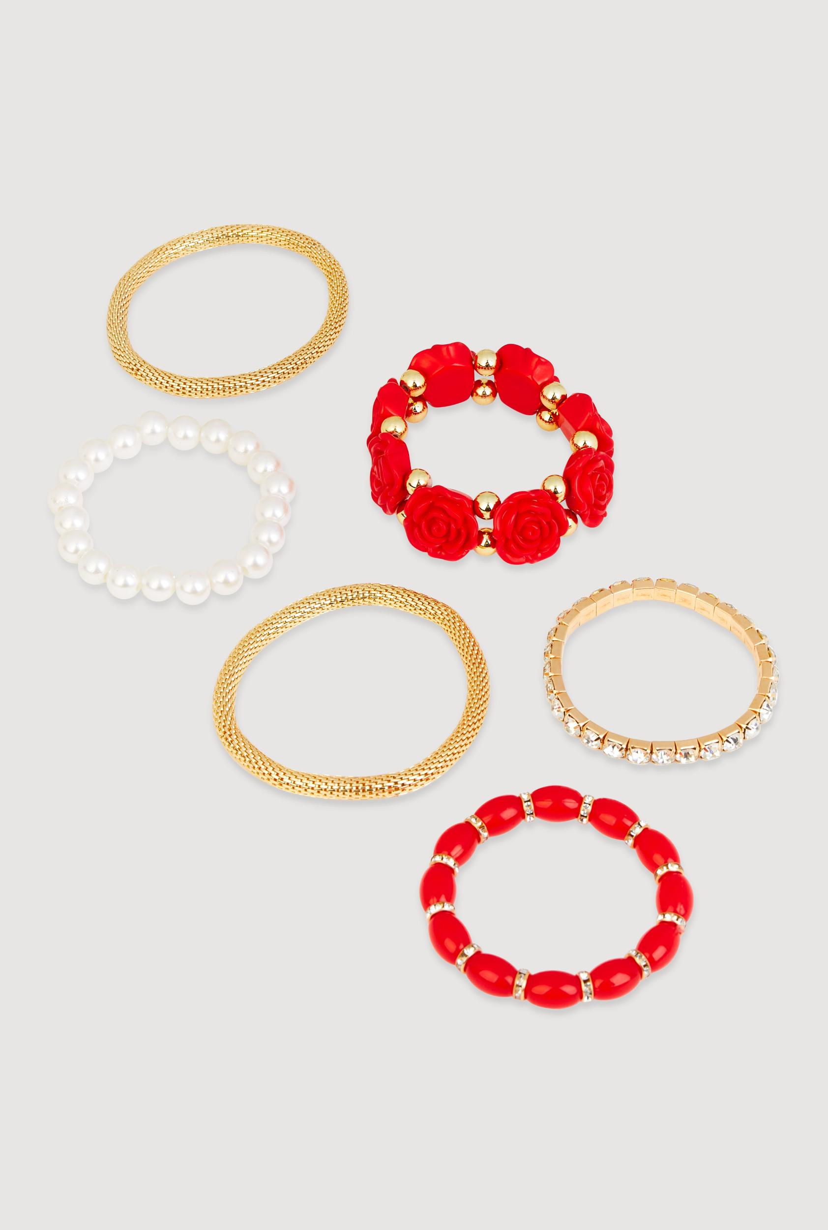 Rose Assorted Faux Pearl Stretch Bracelets Set of 6 Unisex Product Image