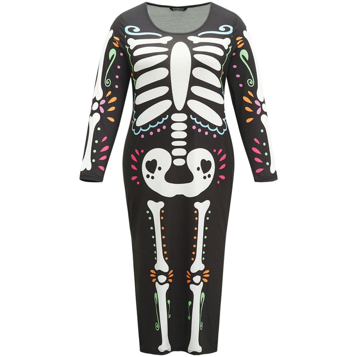Plus Size Halloween Skull Print Round Neck Split Hem Dress Black Women Casual Printed Round Neck Long Sleeve Curvy Midi Dress BloomChic 14-16/1X Product Image