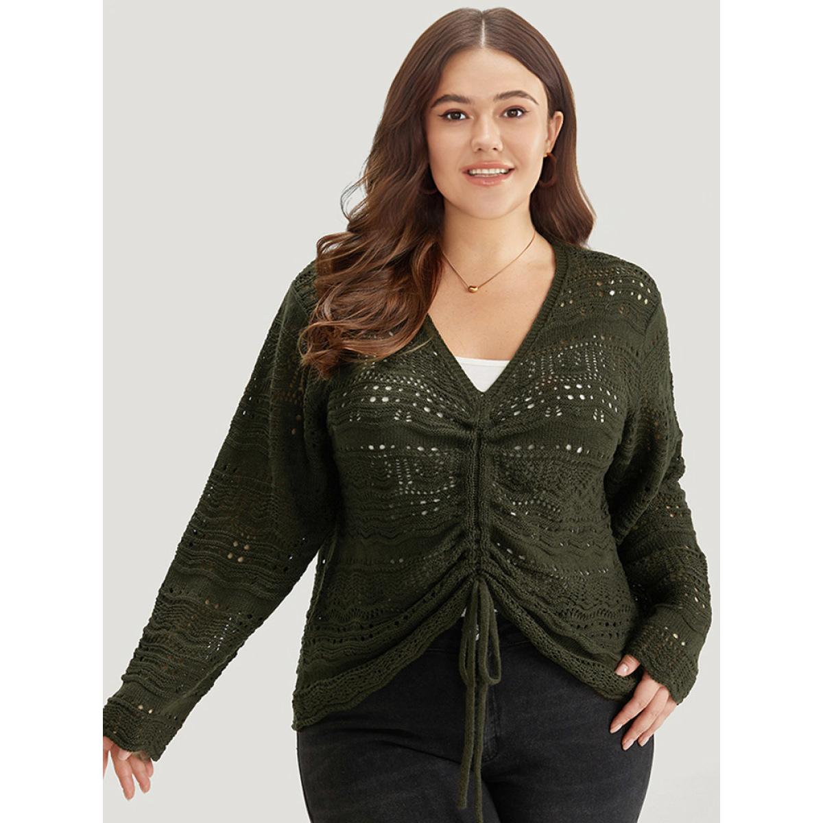 Plus Size Plain Drawstring Hem V Neck Pullover ArmyGreen Women Casual Loose Long Sleeve V-neck Everyday Pullovers BloomChic 26/4X Product Image
