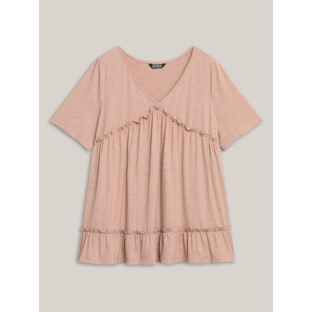Plus Size Petal Trim Ruffled Hem Tiered T-Shirt Dirtypink Women Gathered V-neck Everyday-Casual T-shirts BloomChic 12/L Product Image
