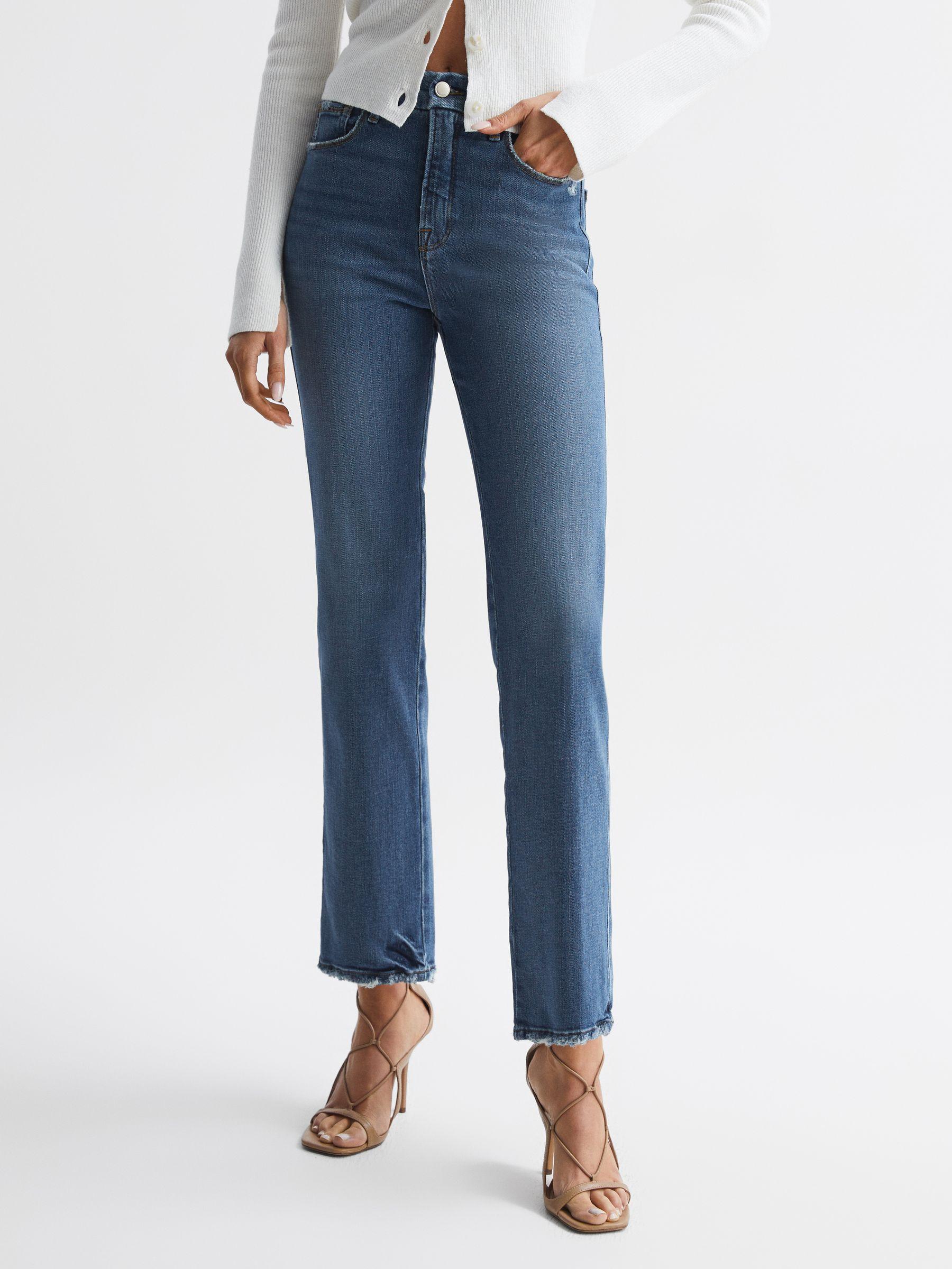 Good American Distressed Straight Leg Jeans in Mid Blue Product Image