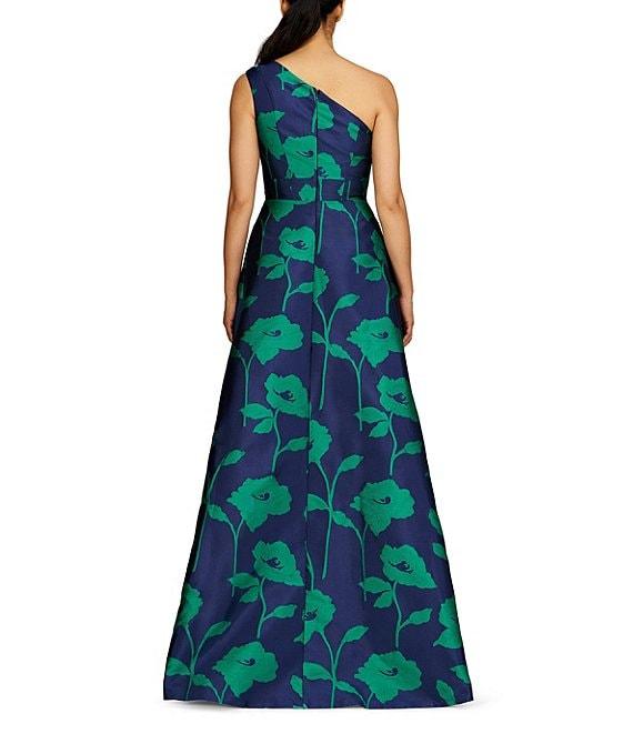 Kay Unger Jacquard Floral Print One-Shoulder Neck Sleeveless A-Line Gown Product Image