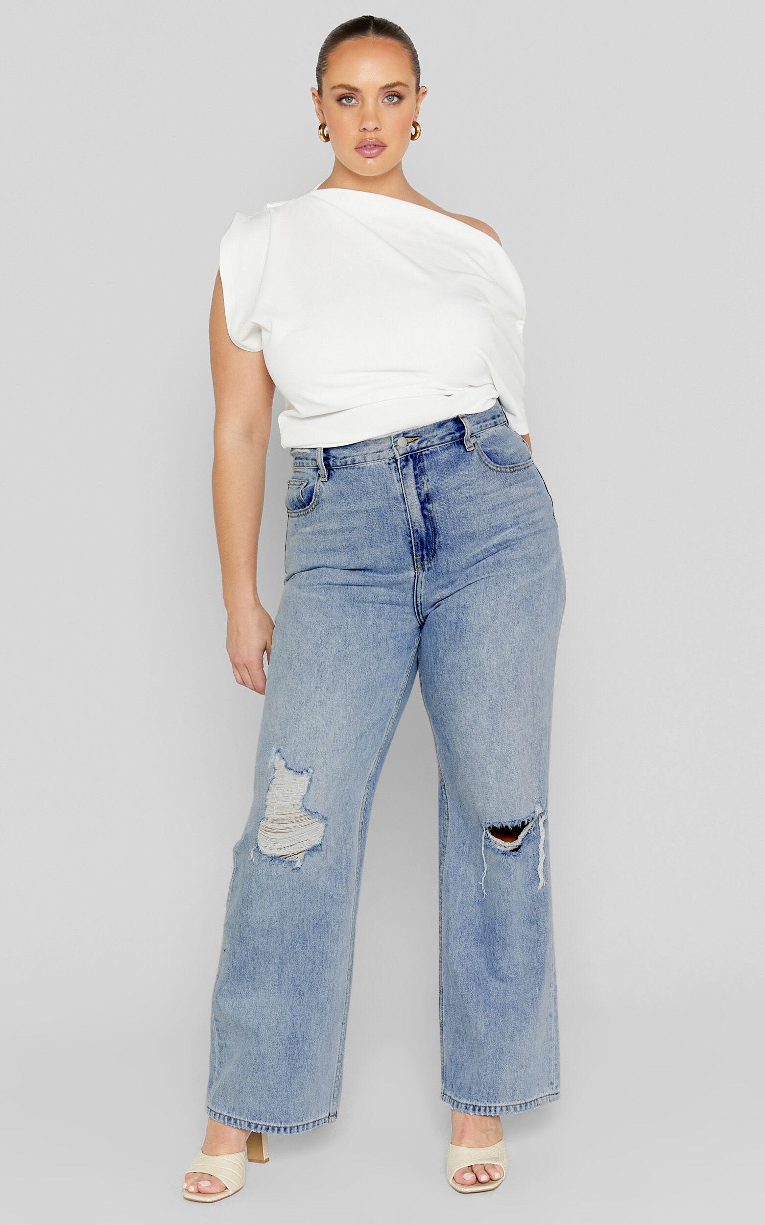 Miho Jeans - High Waisted Recycled Cotton Distressed Straight Leg Denim Jeans in Mid Blue Wash Product Image