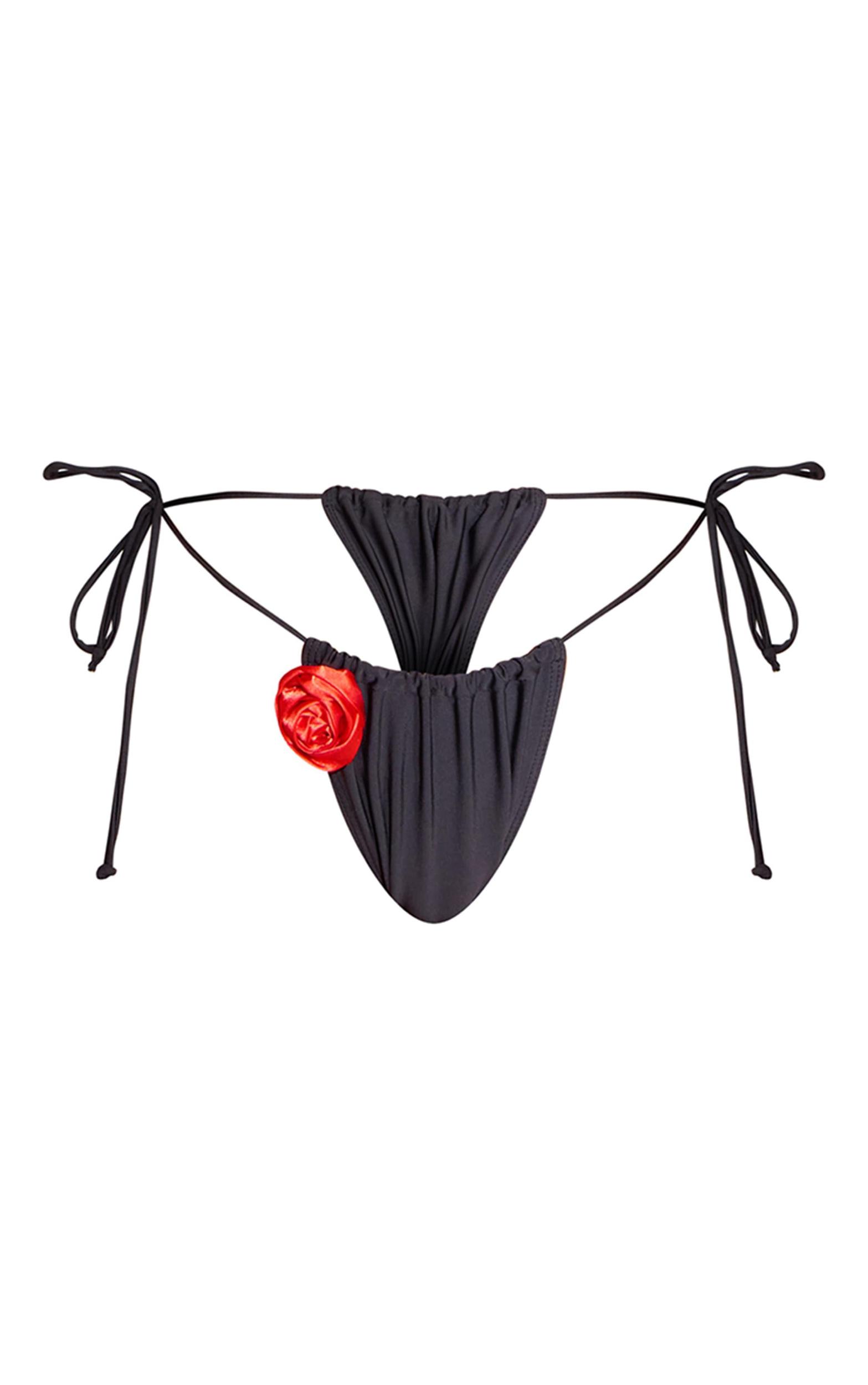 Black Contrast Flower Trim Tie Side Bikini Bottoms Product Image