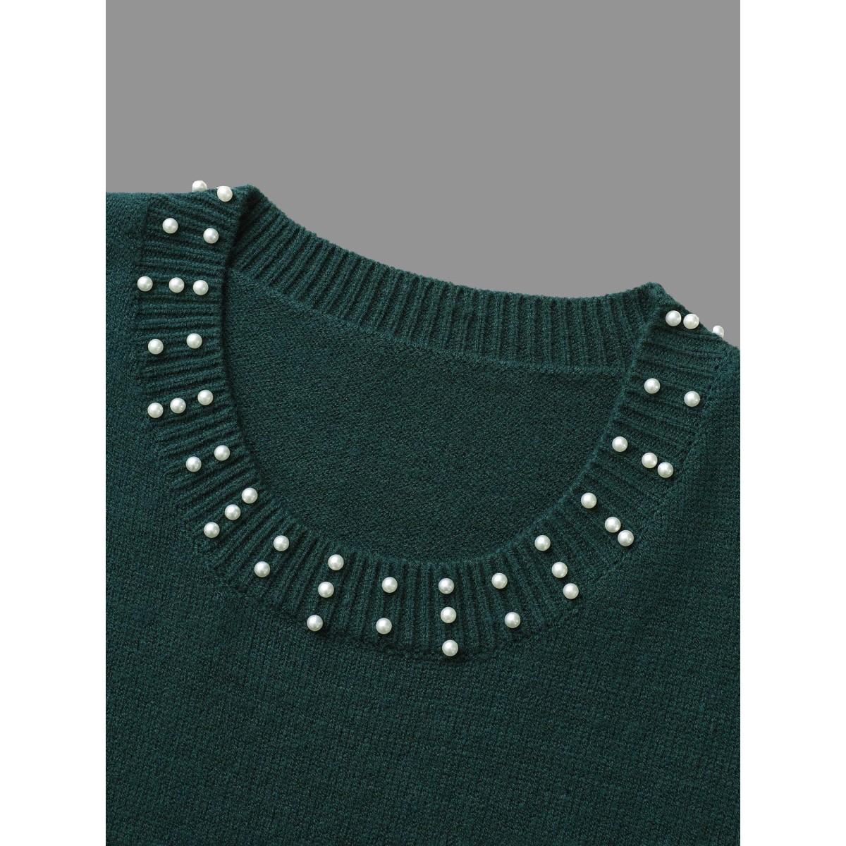 Plus Size Supersoft Essentials Beaded Neckline Drop-Shoulder Pullover DarkGreen Women Casual Loose Long Sleeve Round Neck Everyday Pullovers BloomChic 22-24/3X Product Image