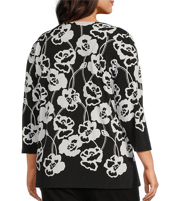 Allison Daley Plus Size Floral Print 3/4 Sleeve Criss Cross V-Neck Knit Top Product Image
