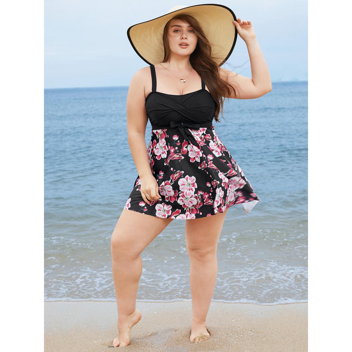 Plus Size Floral Print Knotted Twist Front A Line Swim Dress Women's Swimwear Black Vacation Bodycon High stretch Curve Swim Dresses BloomChic 18-20/2X Product Image