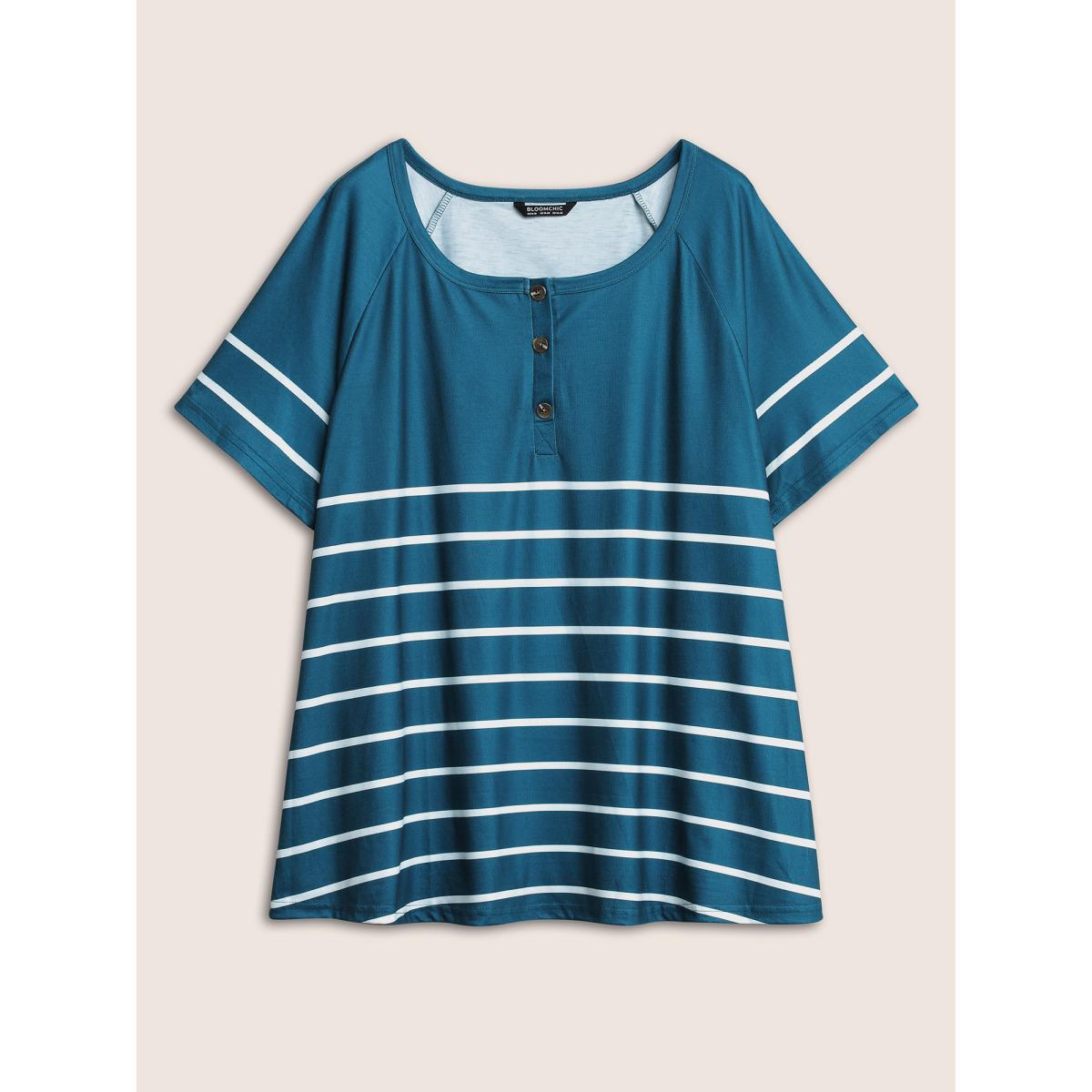 Plus Size Striped Print Raglan Sleeve Button Up T-shirt Aegean Women Casual Contrast Striped Round Neck Everyday T-shirts BloomChic 28/5X Product Image