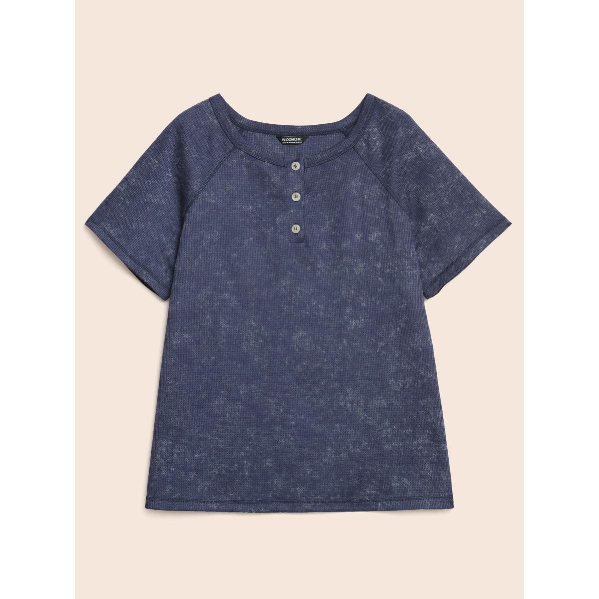 Plus Size Waffle Weathering Front Placket T-shirt Indigo Women Casual Button Round Neck Everyday T-shirts BloomChic 12/L Product Image
