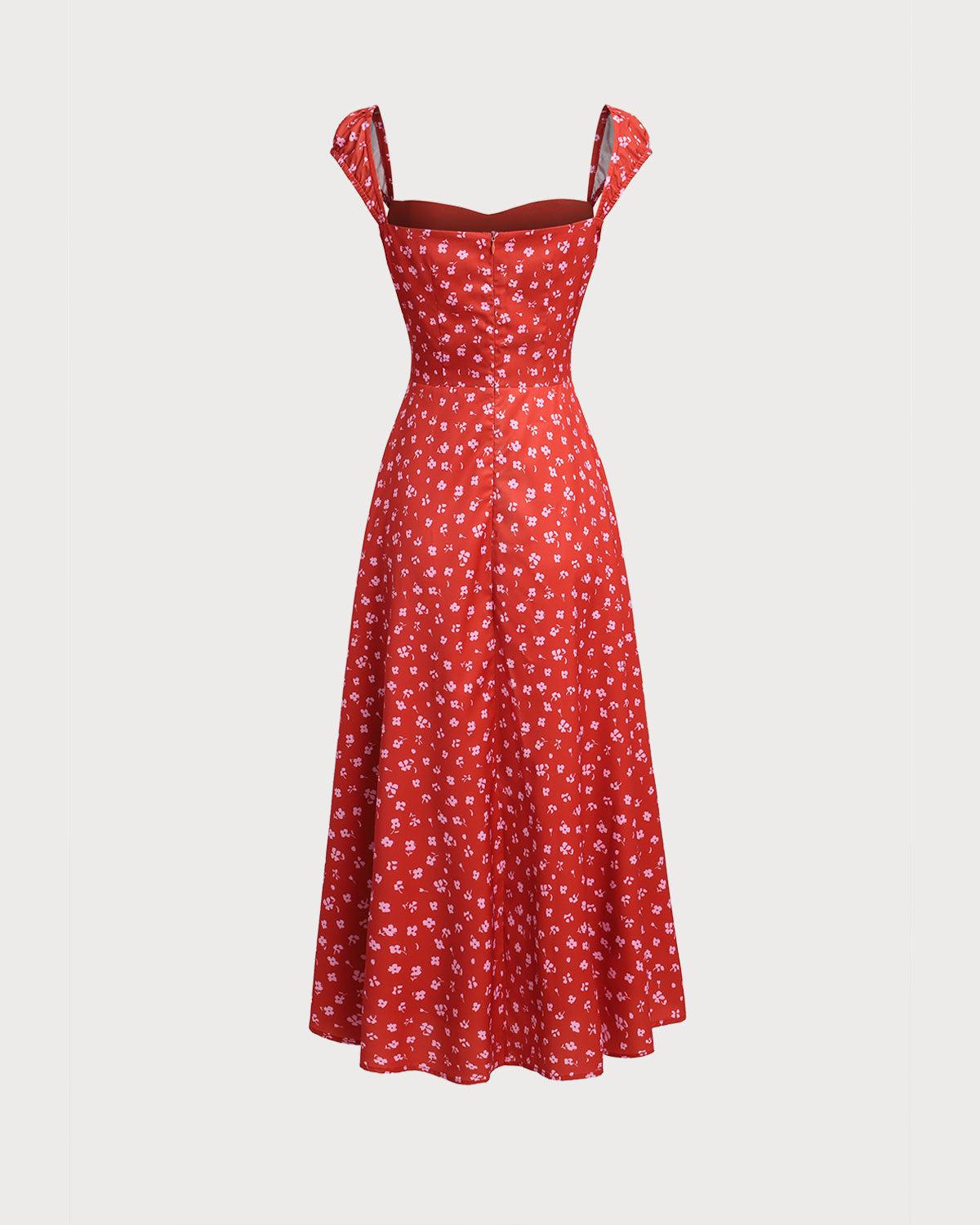 Red Floral Sweetheart Neck Cap Sleeve Midi Dress Product Image