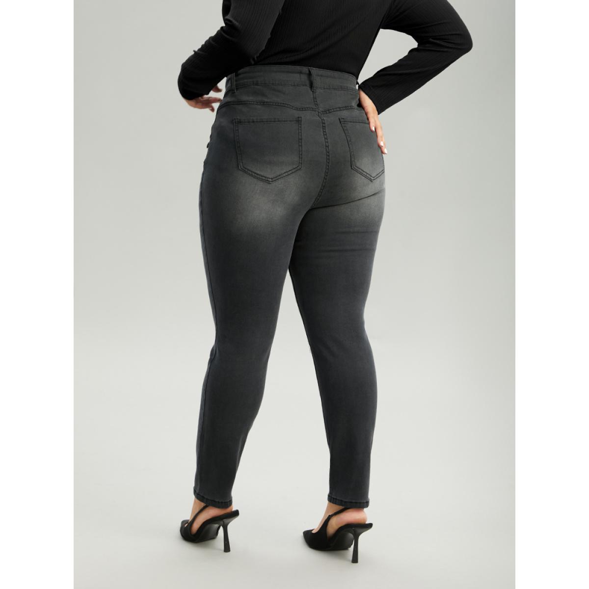 Plus Size Black Wash Button Detail Skinny Jeans Women DimGray Casual Plain Plain High stretch Pocket Jeans BloomChic 26/4X Product Image