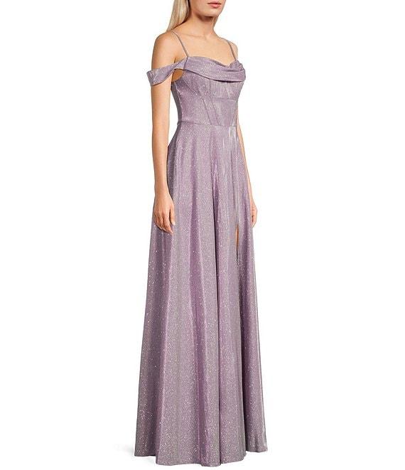City Vibe Off-The-Shoulder Drape Neck Spaghetti Strap Ballgown Product Image