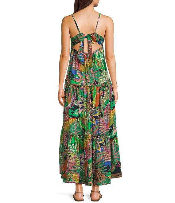 GB Leaf Print V-Neck Tie-Back Tiered Maxi Dress Product Image