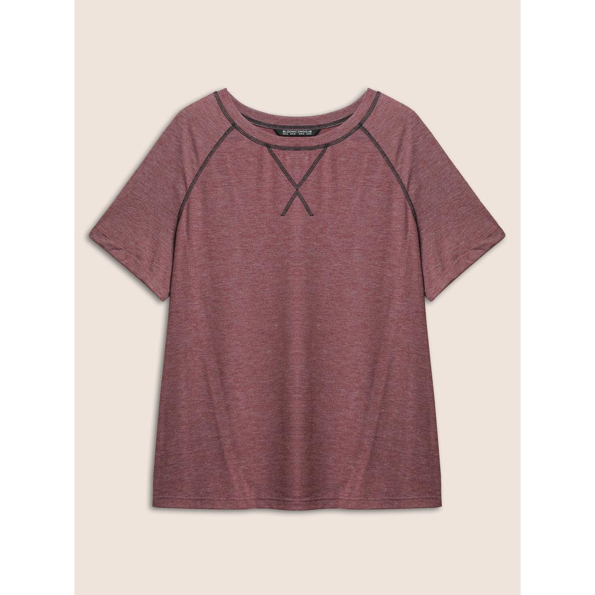 Plus Size Heather Contrast Stitch Raglan Sleeve T-shirt Russet Women Casual Contrast Round Neck Everyday T-shirts BloomChic 14-16/1X Product Image