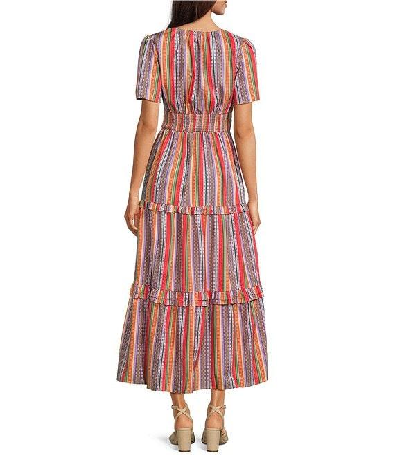 Calessa Stripe Round Split Neck Short Sleeve Dress Product Image