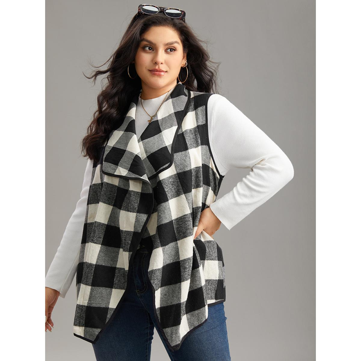 Plus Size Plaid Asymmetrical Hem Open Front Vest Women Black Casual Contrast Dailywear Kimonos BloomChic 10/M Product Image