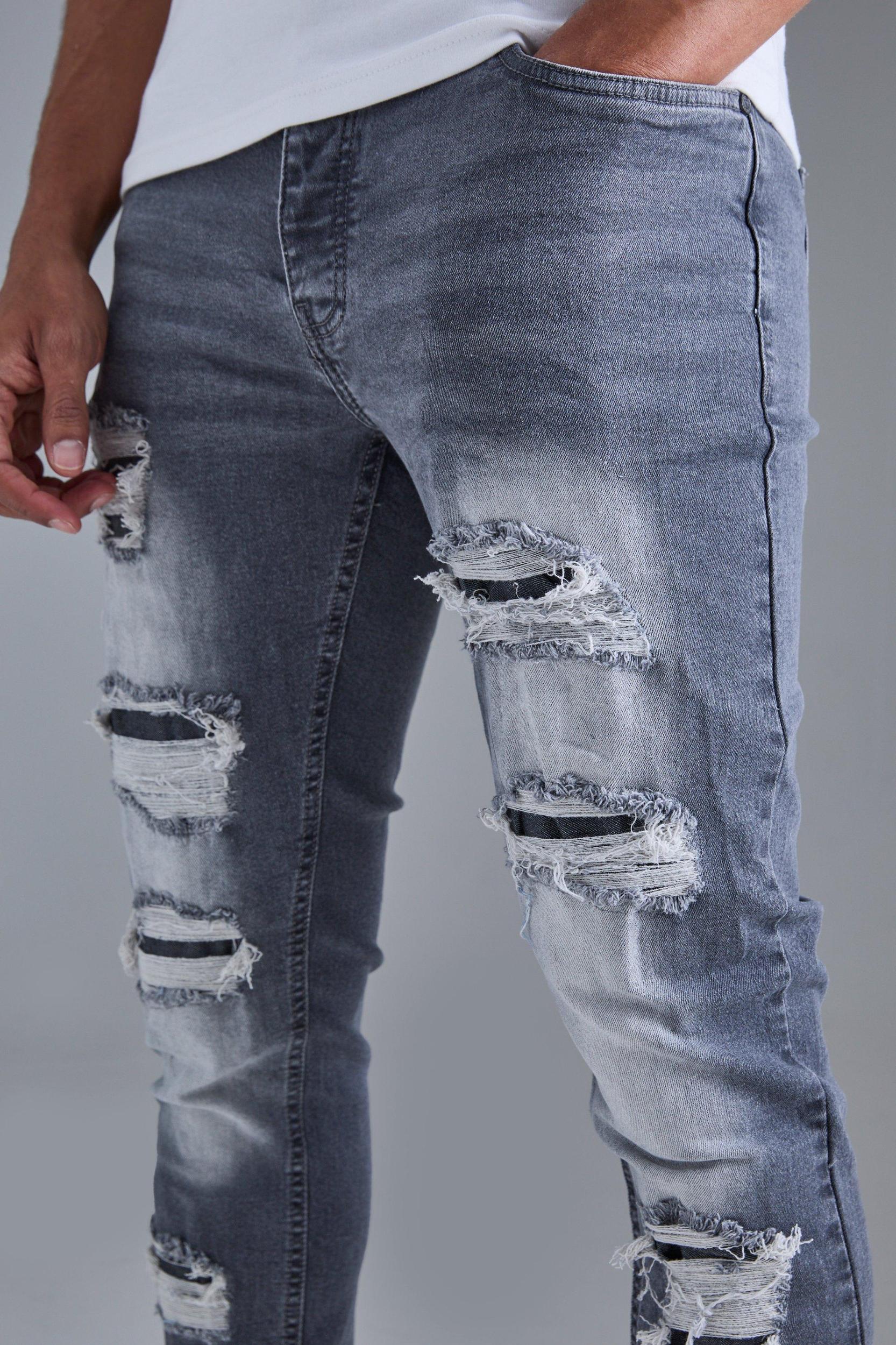 Skinny Stacked Distressed Ripped Jeans In Grey | boohooMAN USA Product Image