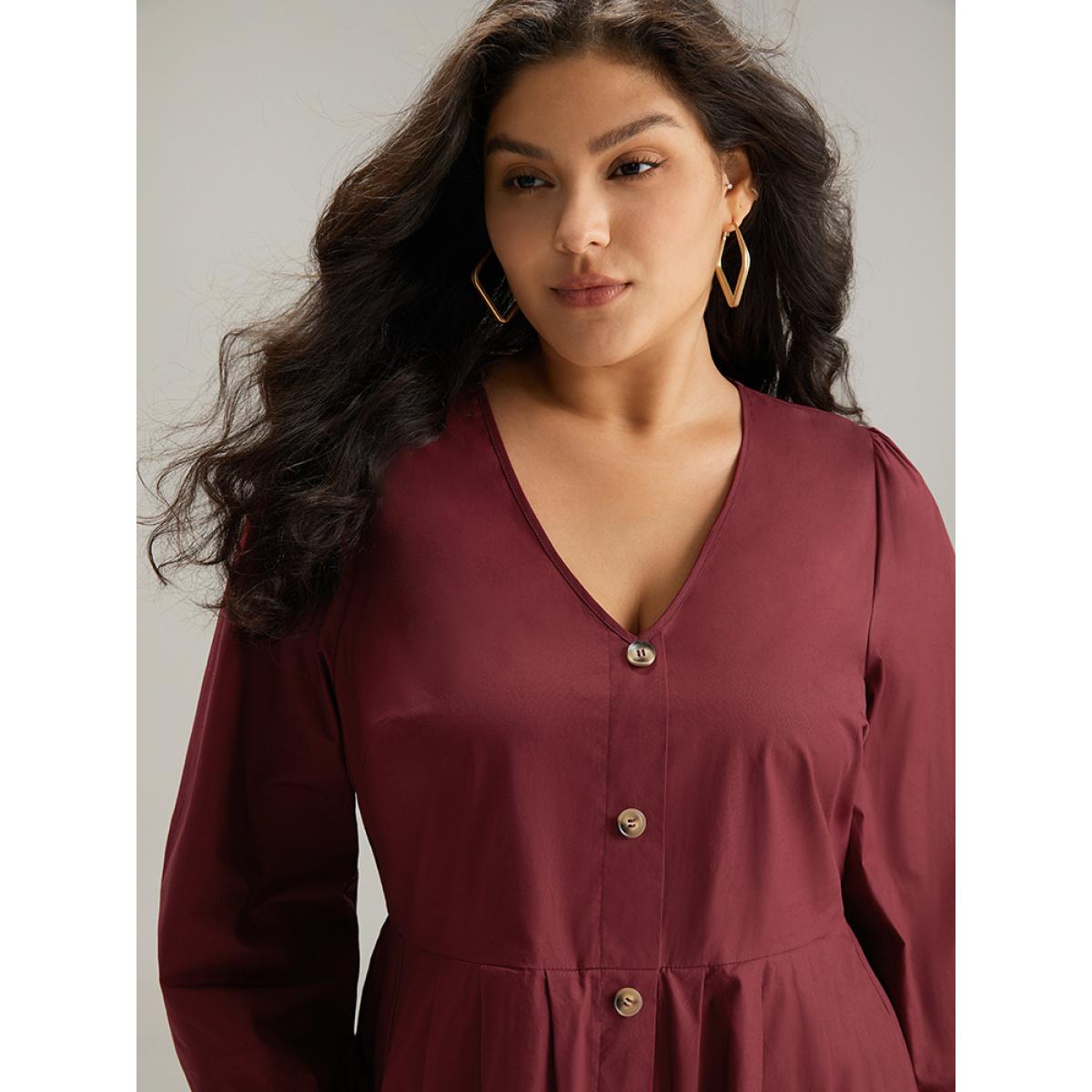 Plus Size Cotton Button Detail Elastic Cuffs Dress Burgundy Women Elegant Elastic cuffs V-neck Long Sleeve Curvy Midi Dress BloomChic 22-24/3X Product Image