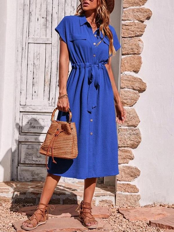 Raglan Sleeve Drawstring Pleated Split-Joint Lapel Midi Dresses Shirt Dress Product Image