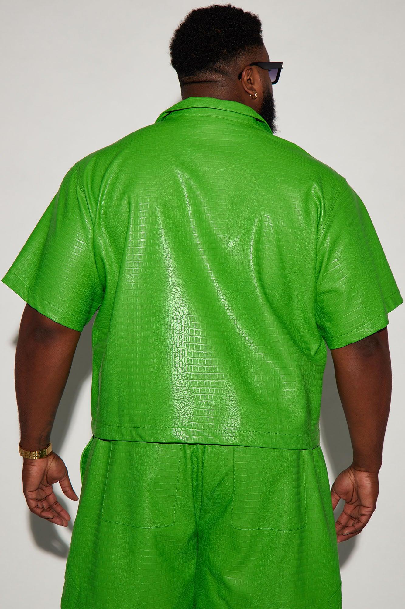 Gotta Run Faux Croc Leather Cropped Button Up Shirt - Green Product Image