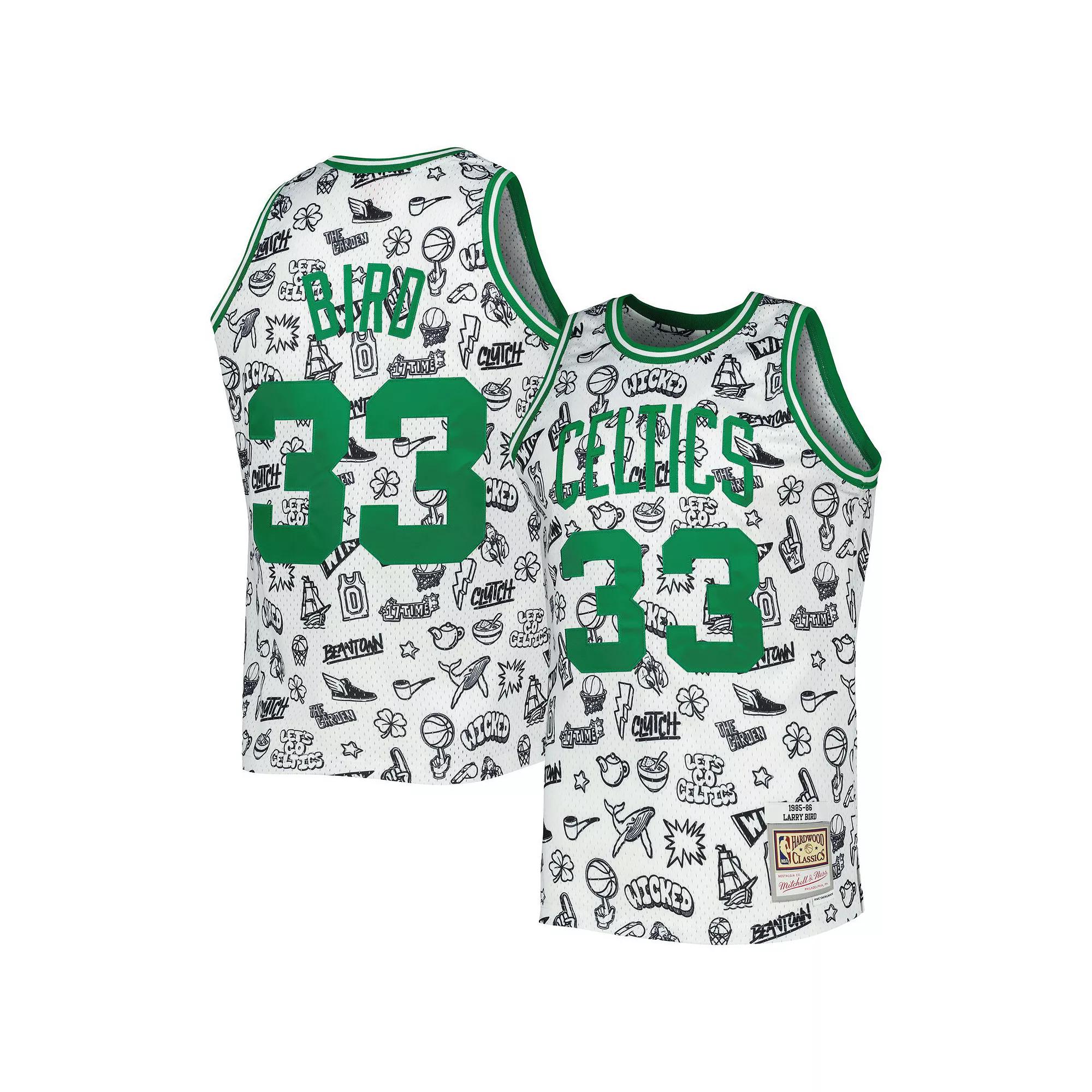 Men's Mitchell & Ness Larry Bird White Boston Celtics 1985/86 Hardwood Classics Doodle Swingman Jersey, Size: Medium Product Image