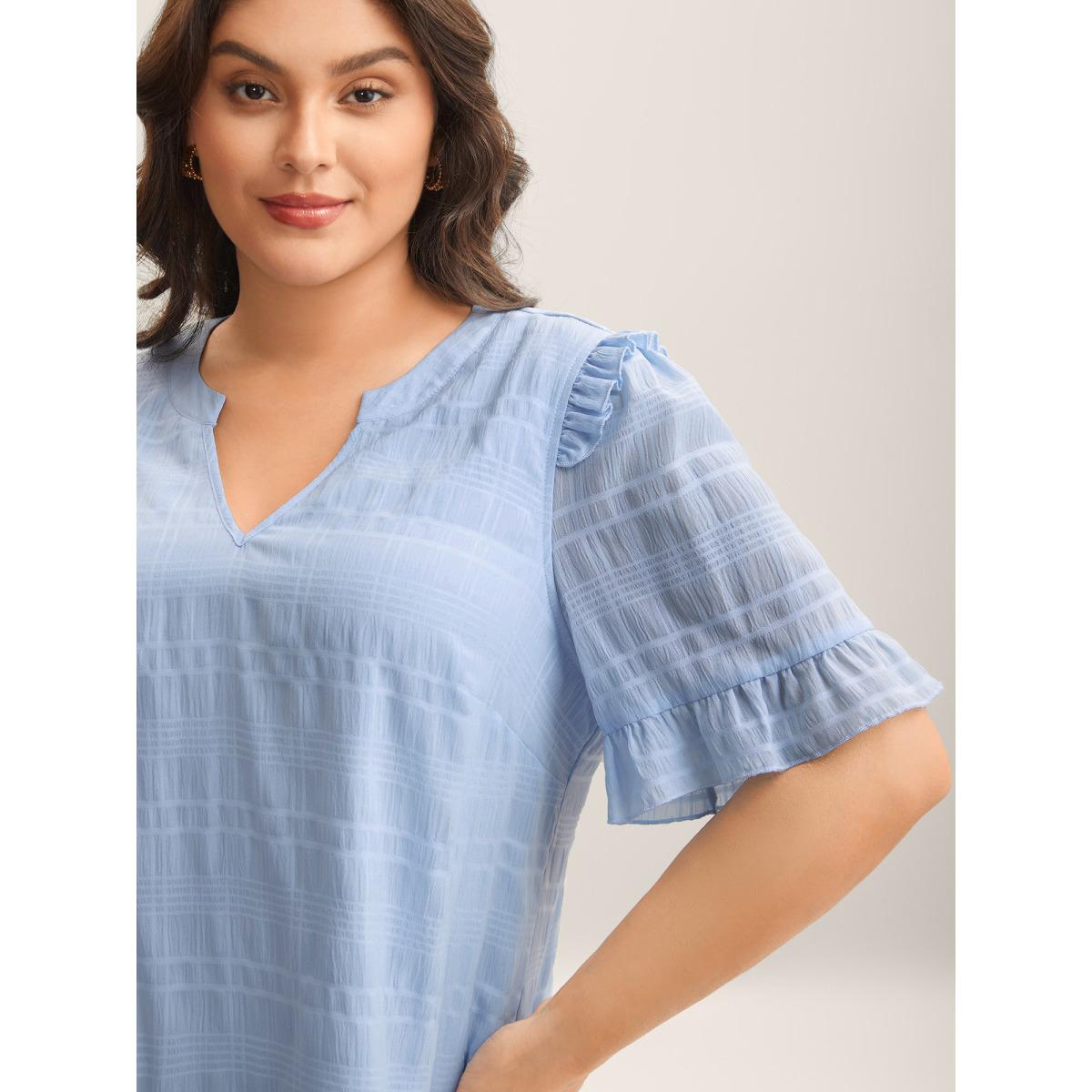 Plus Size LightBlue Checked Texture Jacquard Notched Collar Blouse Women Short sleeve Notched collar Elegant Blouses BloomChic 22-24/3X Product Image