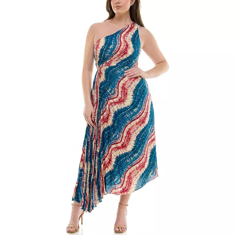 Womens Nicole Miller One Shoulder Pleated Dress Tye Dye Blue Product Image