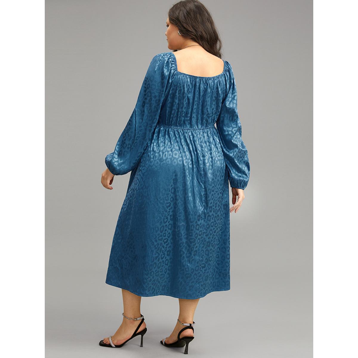 Plus Size Leopard Print Square Neck Shirred Gathered Dress Aegean Women Party Elastic cuffs Square Neck Long Sleeve Curvy Midi Dress BloomChic 22-24/3X Product Image