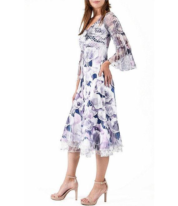 Komarov Pleated Floral V-Neck 3/4 Wide Chiffon Sleeve Layered Hem Midi Dress Product Image