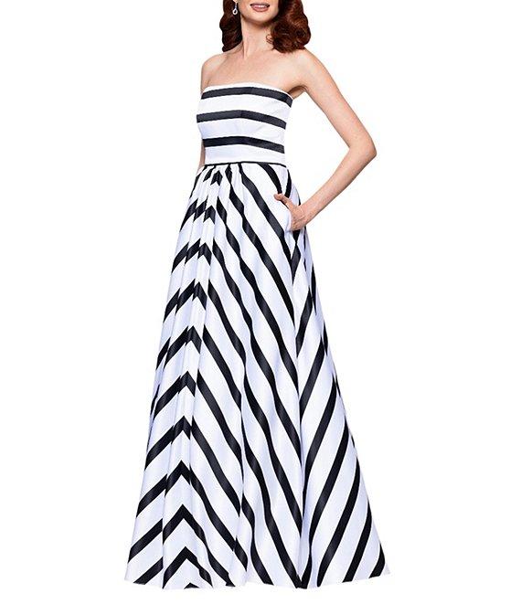 Betsy & Adam Satin Stripe Print Strapless Neck Sleeveless A-Line Gown Product Image