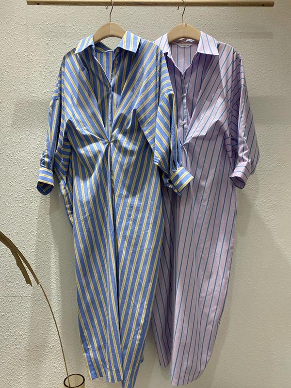 Long Sleeves Loose Buttoned Contrast Color Pockets Striped Lapel Midi Dresses Shirt Dress Product Image