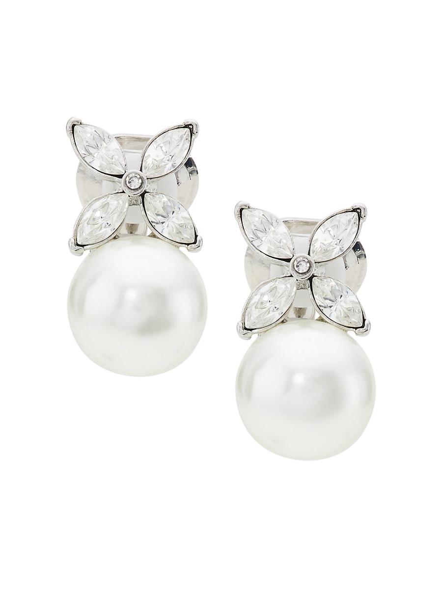 Womens Rhodium-Plated, Glass Crystal, & Faux Pearl Flower Clip-On Earrings Product Image