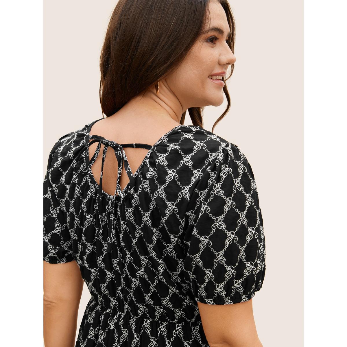 Plus Size U Neck Geometric Tie Knot Puff Sleeve Dress Black Women Casual Texture U-neck Short sleeve Curvy BloomChic 12/L Product Image