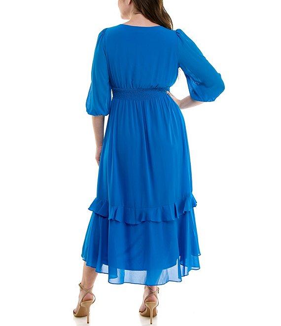 Moda Tara Plus Size 3/4 Sleeve Tiered Ruffled Smocked Chiffon Midi Dress Product Image