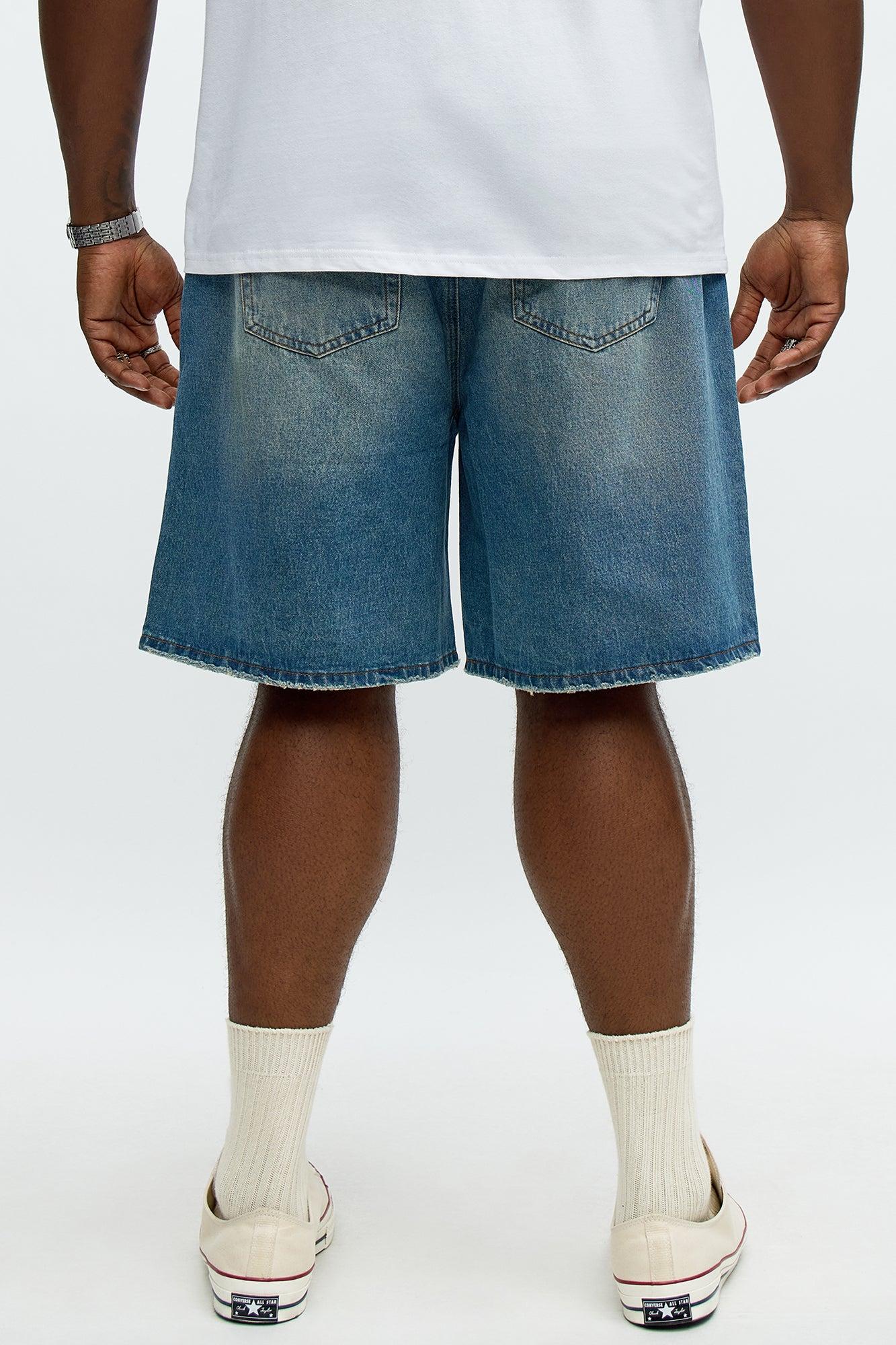 Relaxed Patches With Fray Distressed Denim Shorts - Vintage Blue Wash Male Product Image