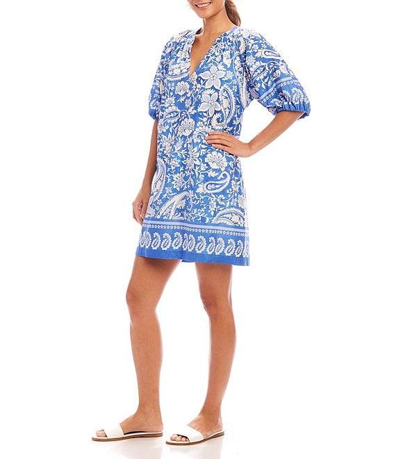 Karen Kane Split V-Neck Short Sleeve Floral Paisley Print Dress Product Image