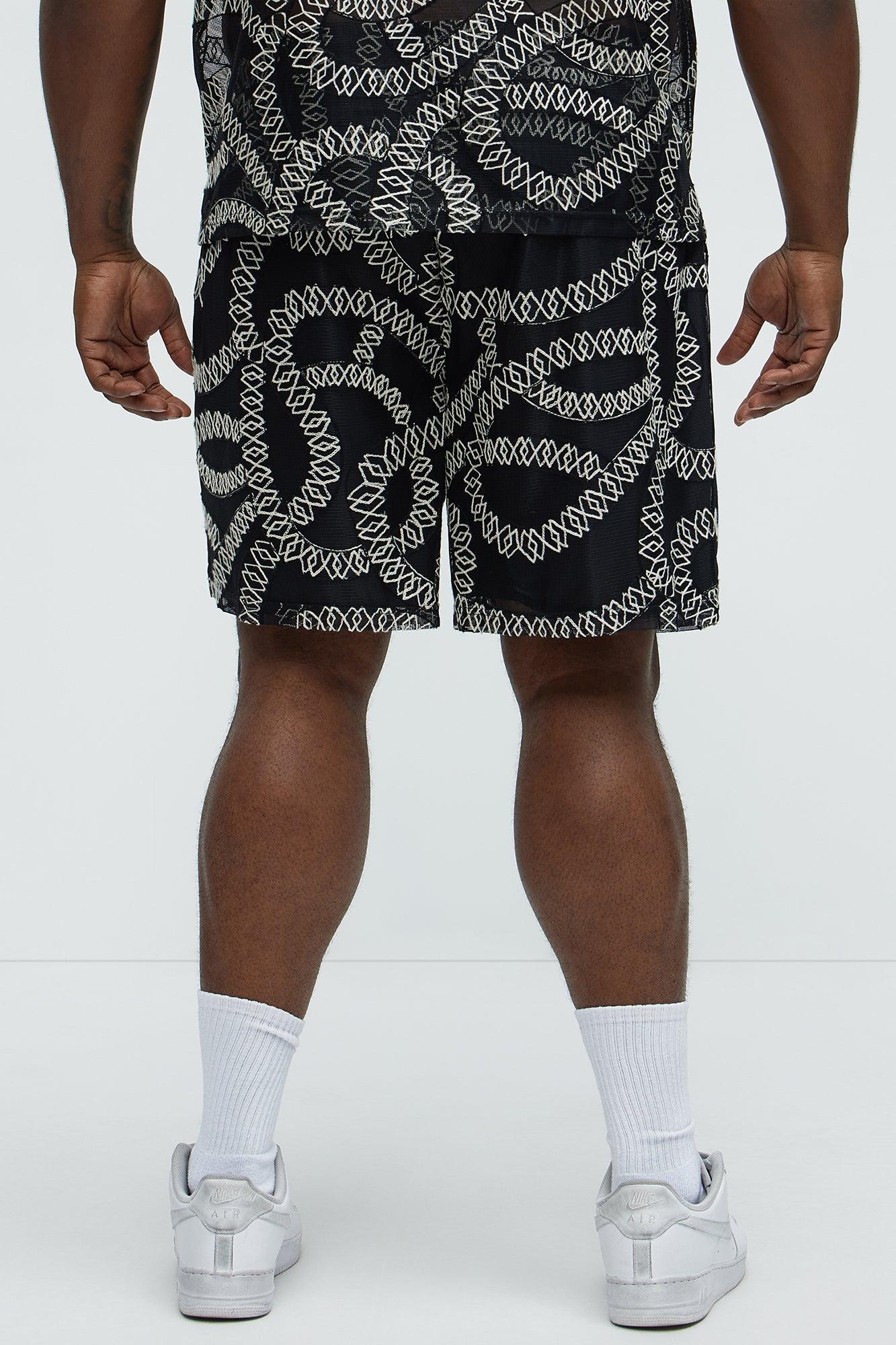 Embroidered Netting Relaxed Shorts - Black Product Image