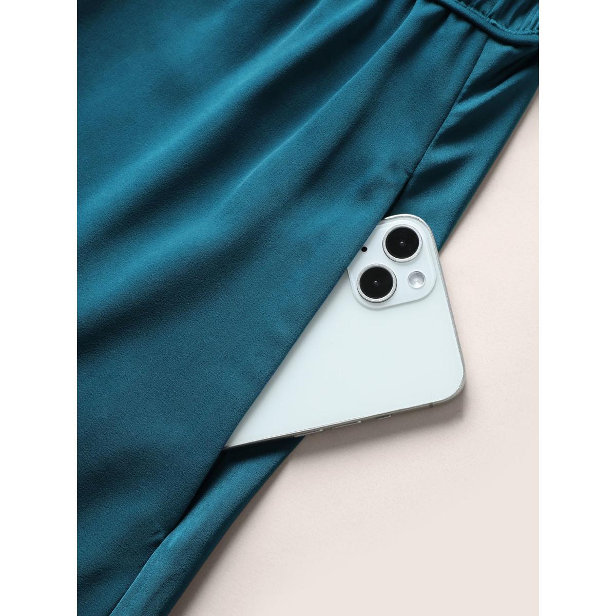 Plus Size Satin Solid Gathered Button Detail Cami Dress Aegean Women Elegant Non Non Sleeveless Curvy Midi Dress BloomChic 18-20/2X Product Image