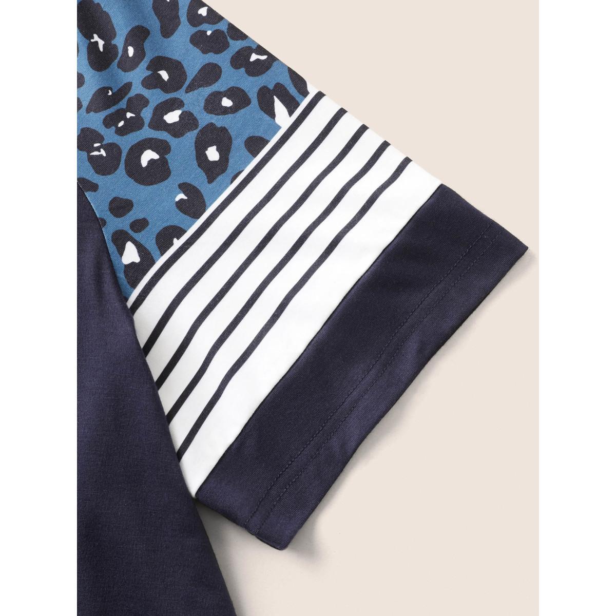 Plus Size Stripes Leopard Patchwork Raglan Sleeve T-shirt Midnight Women Casual Contrast Round Neck Everyday T-shirts BloomChic 26/4X Product Image