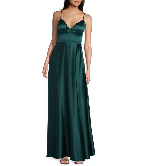 Midnight Doll Sherri Satin V-Neck Spaghetti Strap Tie Back A-Line Gown Product Image