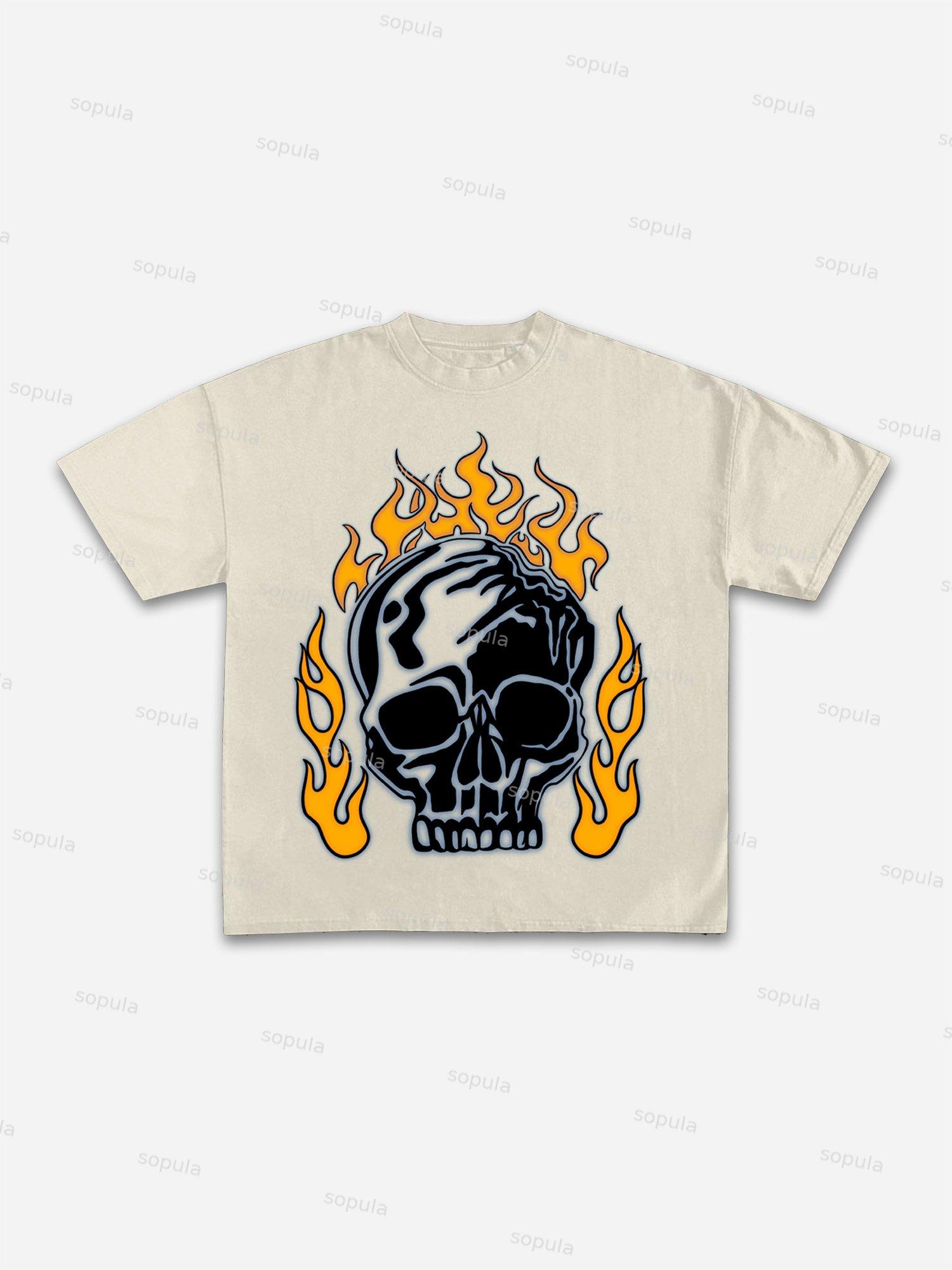 Men's Flaming Skull Graphic Cotton T-shirt Product Image